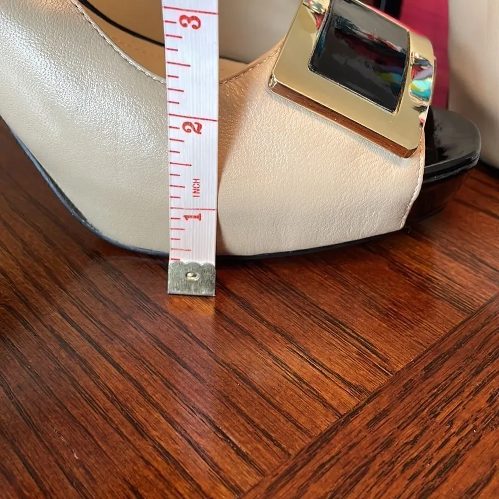 Nine West ivory leather black patent and gold accent slingback platform heels